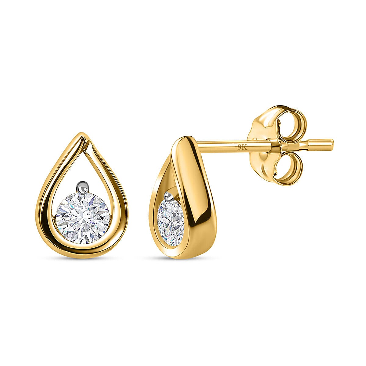 9K Yellow Gold Diamond Stud Tear Drop Earrings