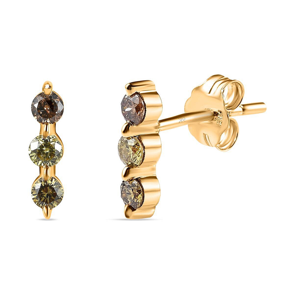 9K Yellow Gold SGL Certified Champagne Diamond, Natural Yellow Diamond, Natural Olive Diamond Stud Earrings 0.25 Ct