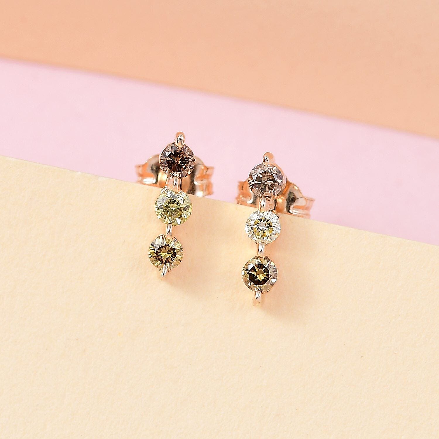9K Yellow Gold SGL Certified Champagne Diamond, Natural Yellow Diamond, Natural Olive Diamond Stud Earrings 0.25 Ct
