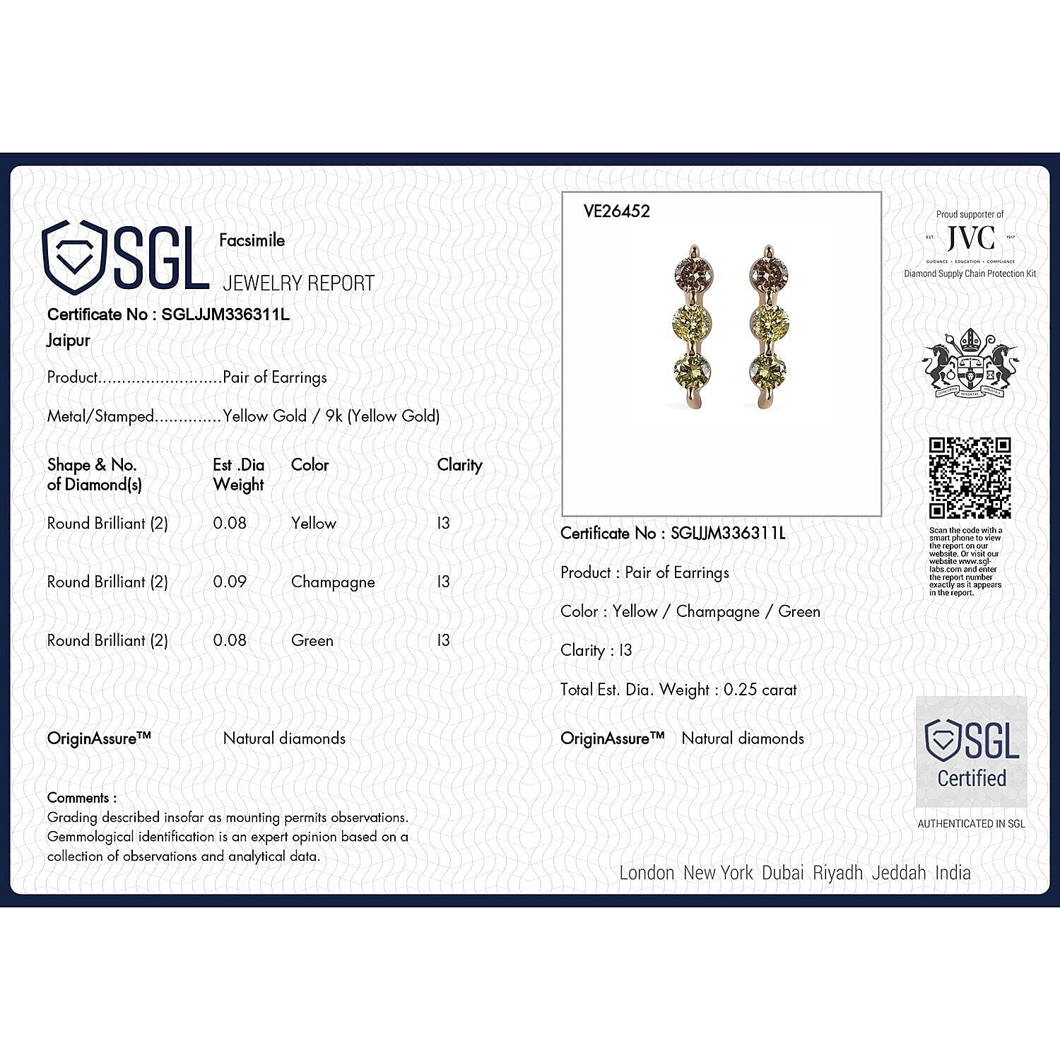 9K Yellow Gold SGL Certified Champagne Diamond, Natural Yellow Diamond, Natural Olive Diamond Stud Earrings 0.25 Ct