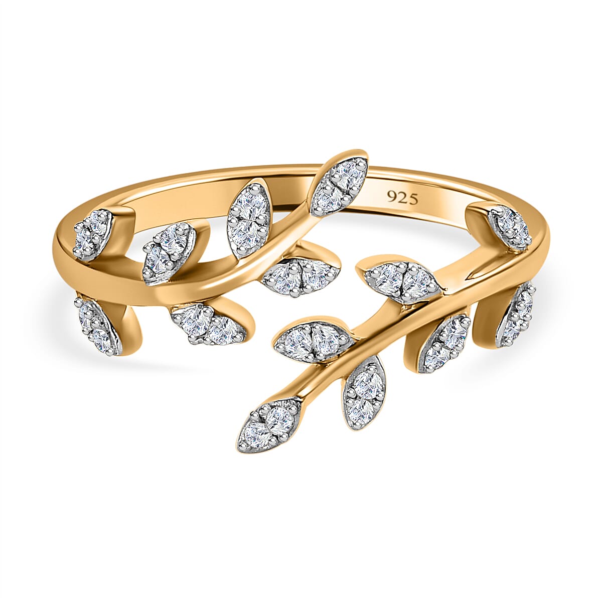 Diamond Adjustable Leaf Ring in 18K Yellow Gold Vermeil Plated Sterling Silver 0.14 Ct.
