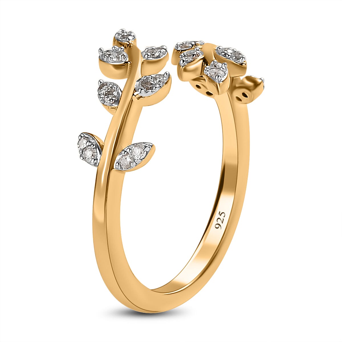 Diamond Adjustable Leaf Ring in 18K Yellow Gold Vermeil Plated Sterling Silver 0.14 Ct.