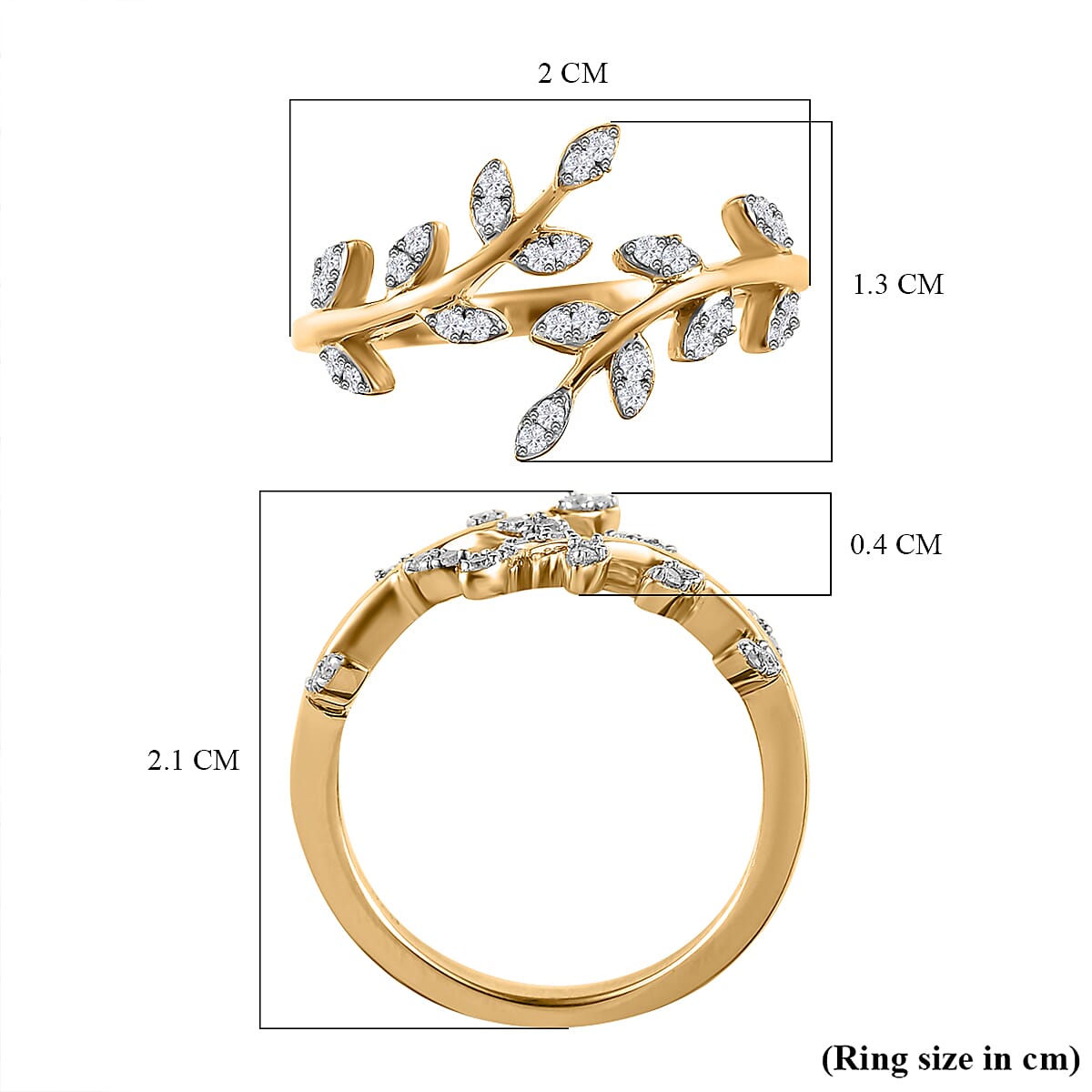 Diamond Adjustable Leaf Ring in 18K Yellow Gold Vermeil Plated Sterling Silver 0.14 Ct.