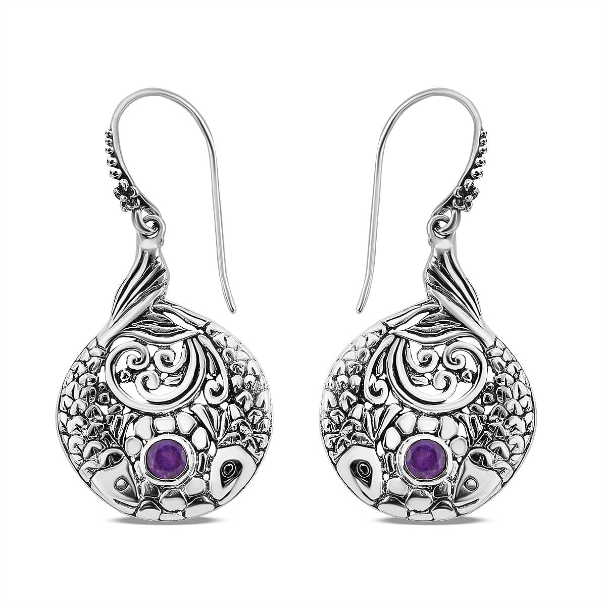 Royal Bali Collection - Amethyst Earrings (with Hook) in Sterling Silver, Silver Wt. 7 Gms