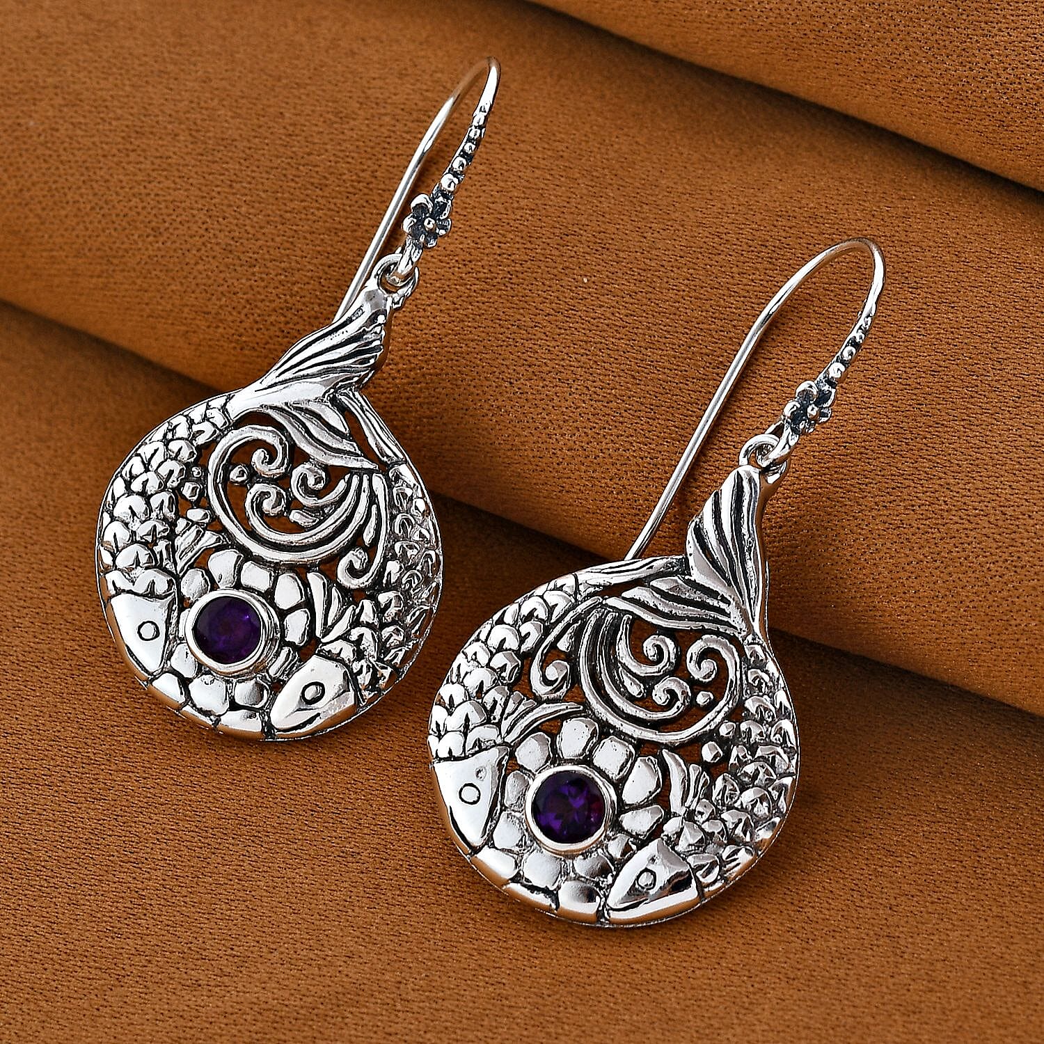 Royal Bali Collection - Amethyst Earrings (with Hook) in Sterling Silver, Silver Wt. 7 Gms