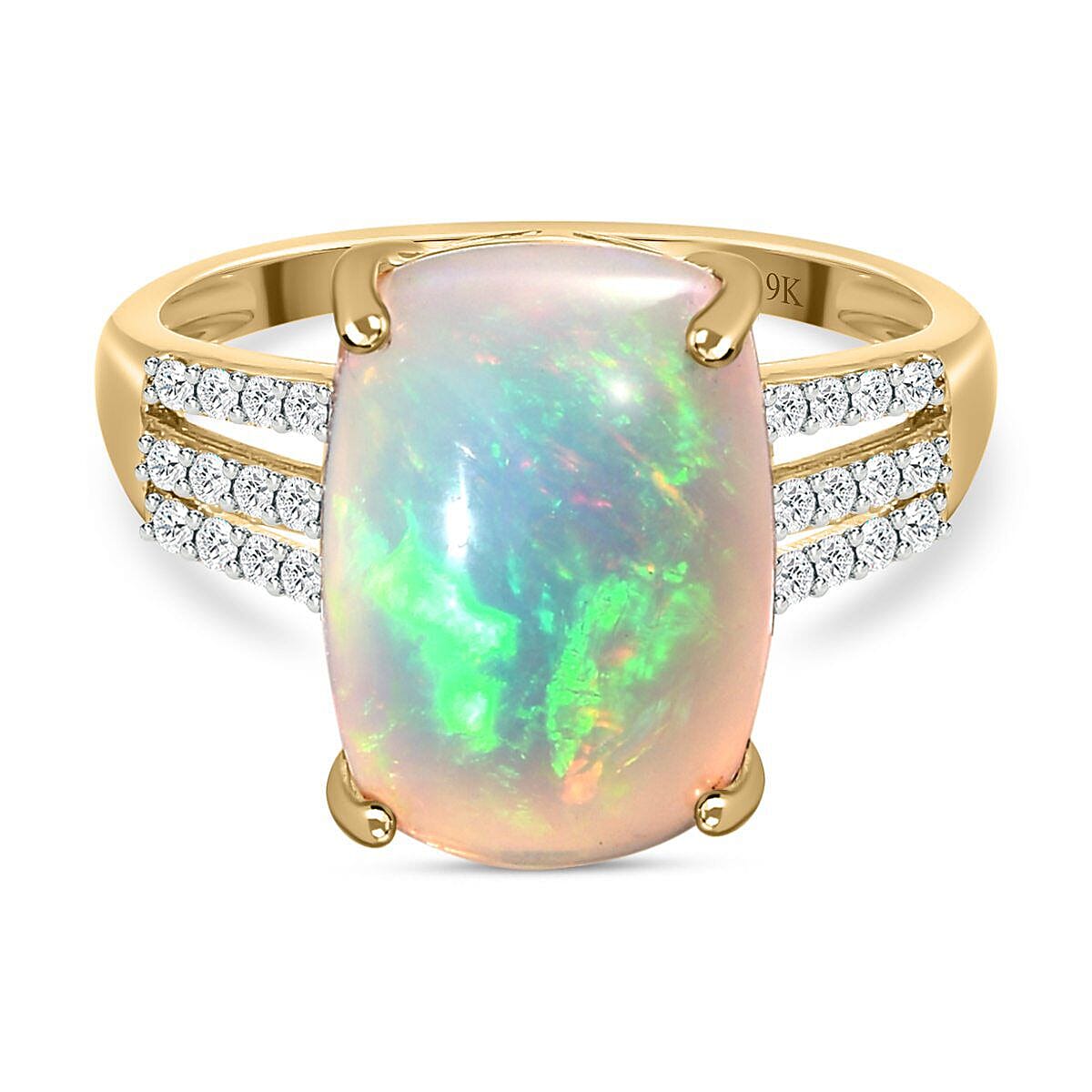 9K Yellow Gold Ethiopian Welo Opal and Moissanite Ring 5.15 Ct.