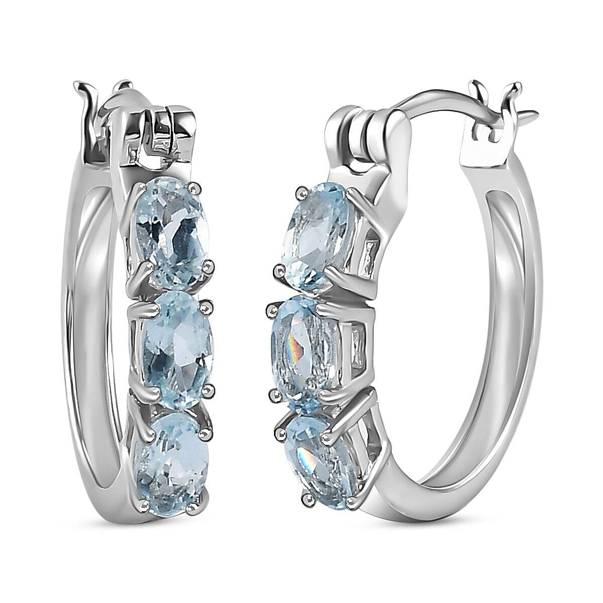 Espirito Santo Aquamarine Hoop Earrings in Platinum Overlay Sterling Silver 1.32 Ct