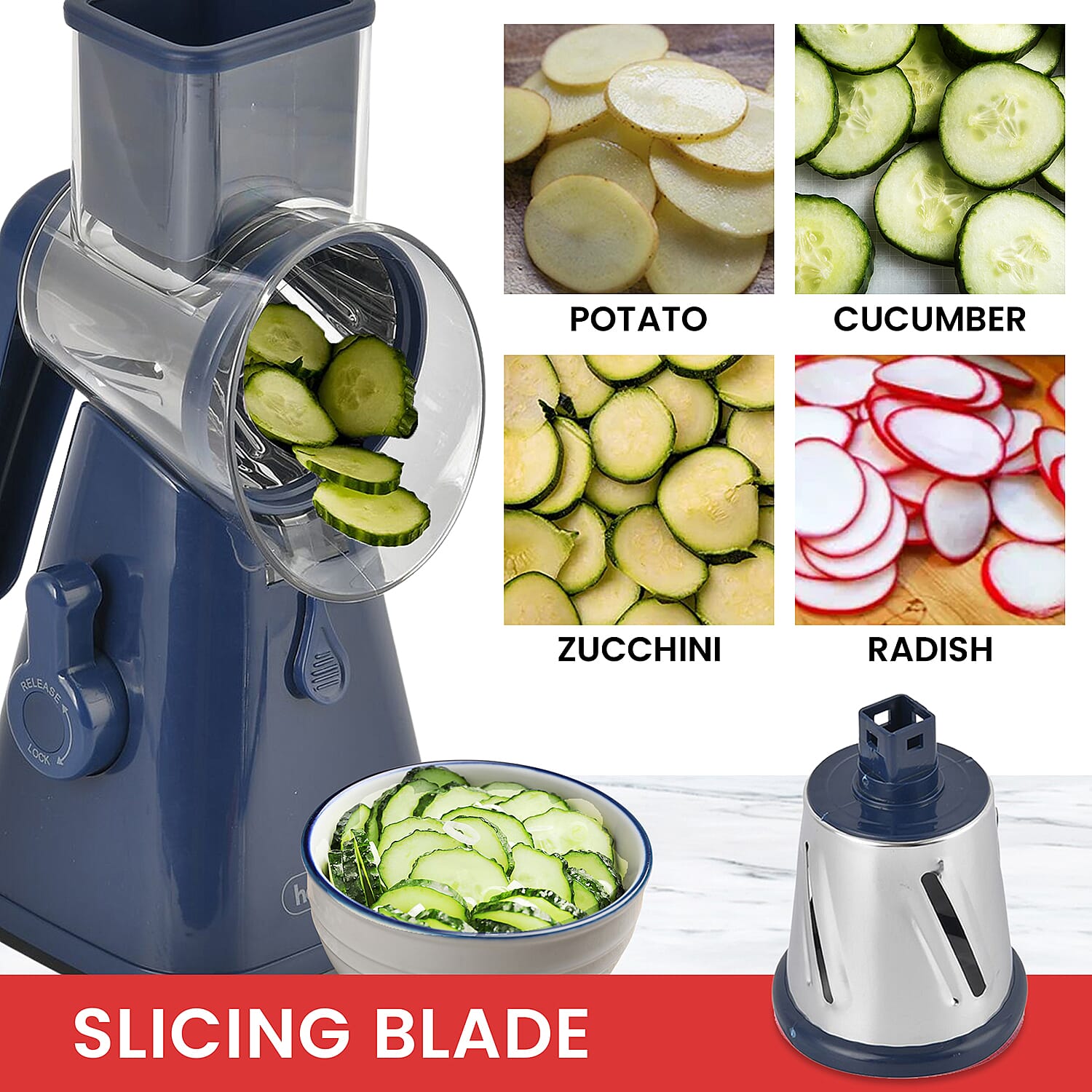 3 in 1 Easyway Vegetable and Fruit Slicer with One Slicing, Shredding and Grating Blade (Size 18x14x28 Cm) - Navy