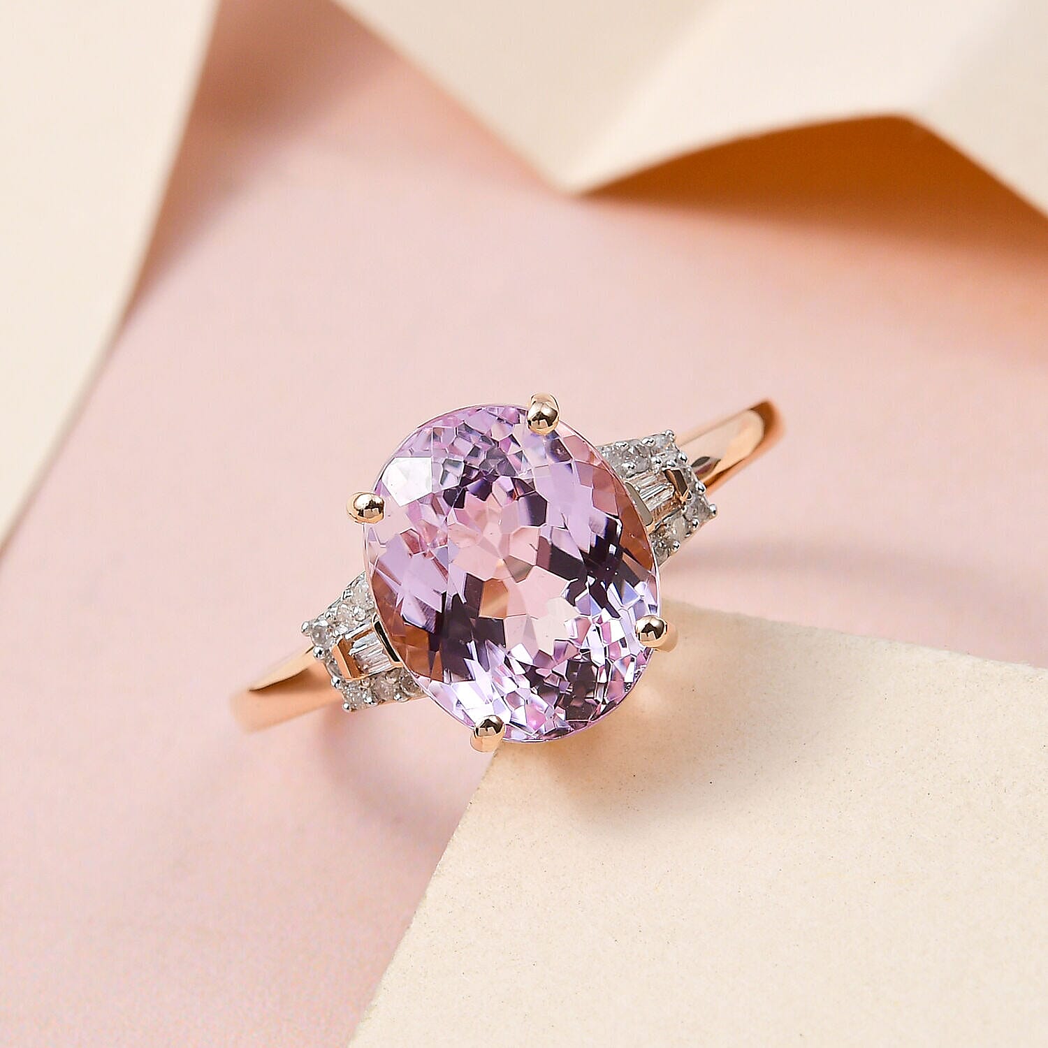 14K Rose Gold AAA Kunzite and Diamond Ring 5.00 Ct
