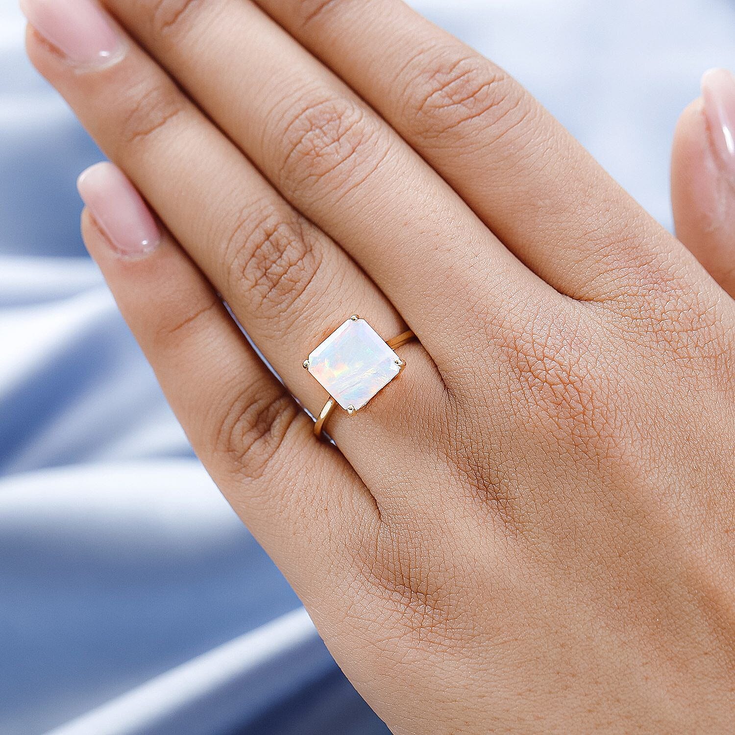 9K Yellow Gold Faceted Asscher Cut Ethiopian Welo Opal Solitaire Ring 3.00 Ct.