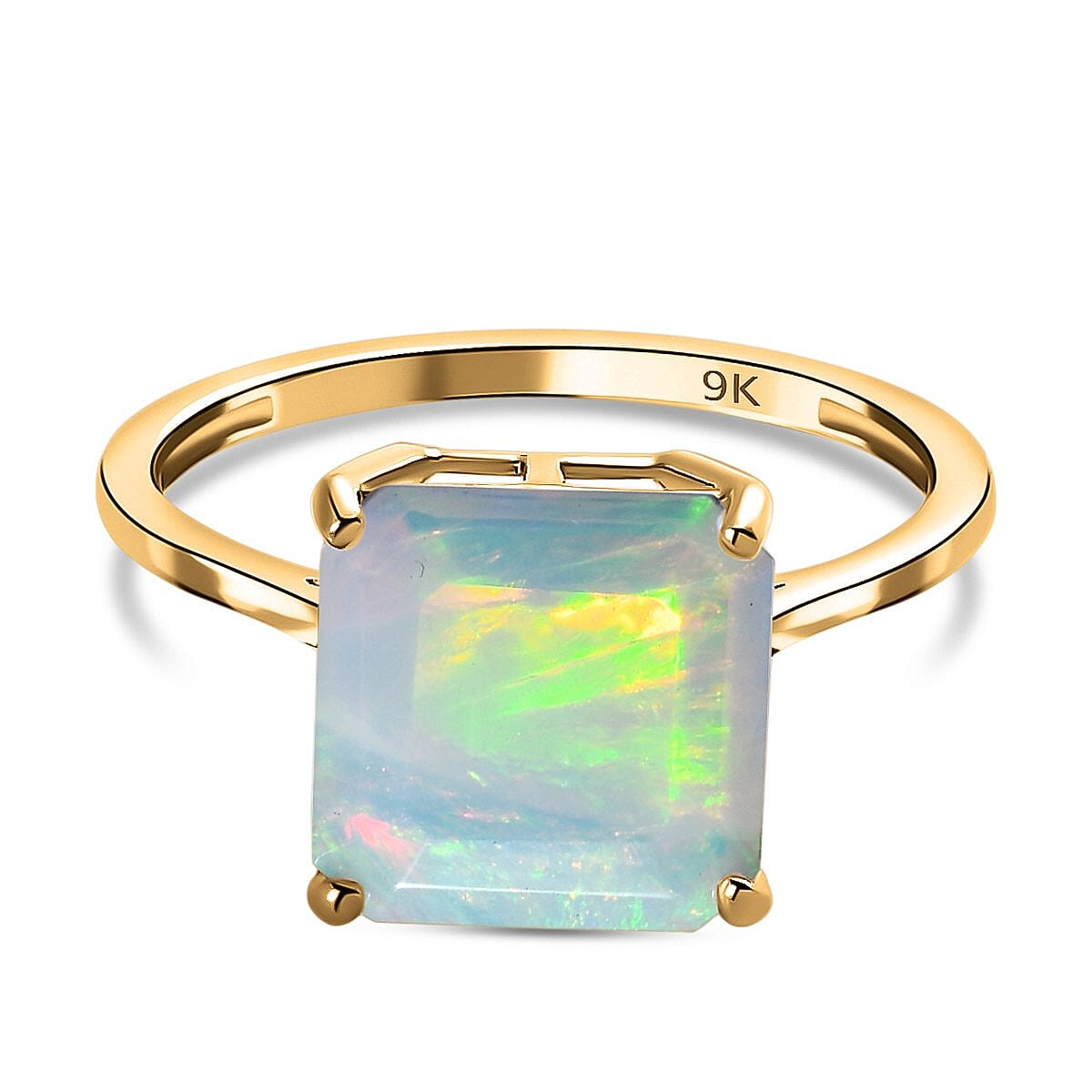 9K Yellow Gold Faceted Asscher Cut Ethiopian Welo Opal Solitaire Ring 3.00 Ct.