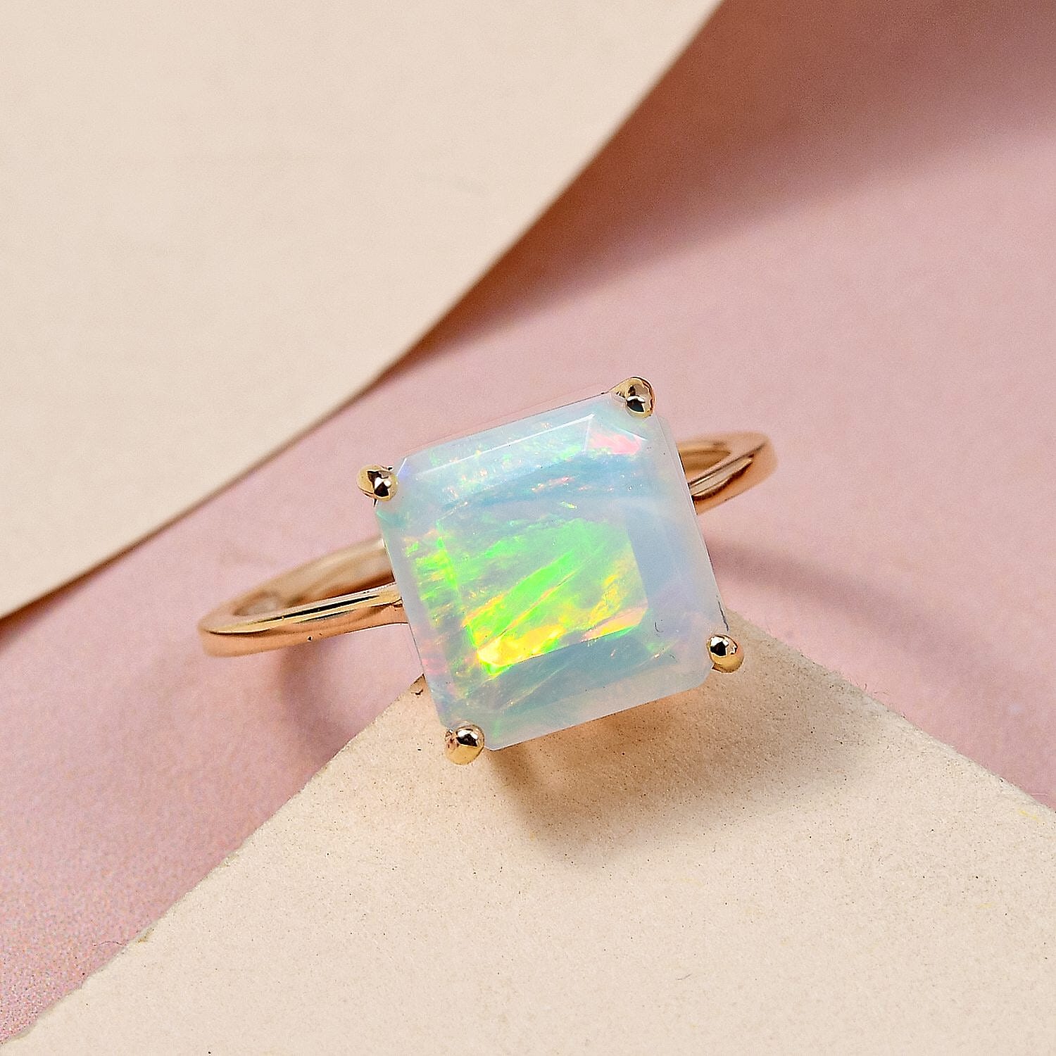 9K Yellow Gold Faceted Asscher Cut Ethiopian Welo Opal Solitaire Ring 3.00 Ct.