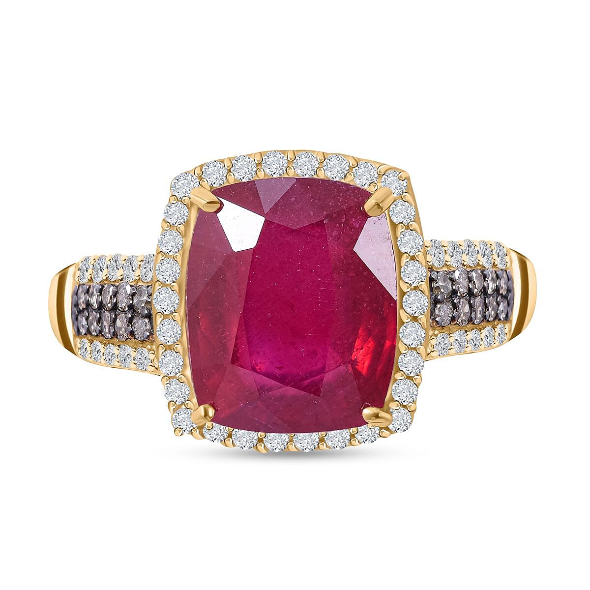 9K Yellow Gold AAA  African Ruby, Natural Zircon and Champagne Diamond Ring 6.71 Ct