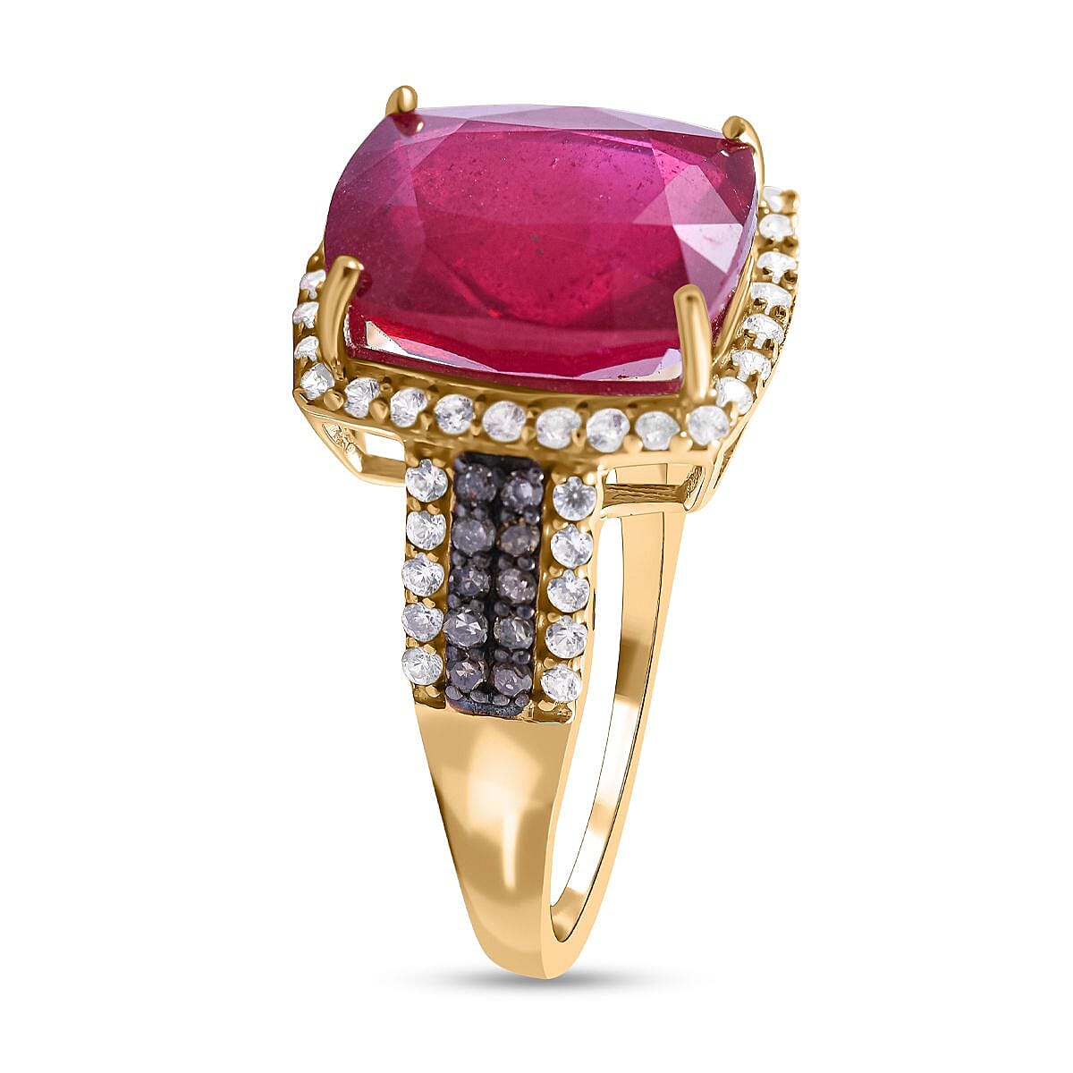9K Yellow Gold AAA  African Ruby, Natural Zircon and Champagne Diamond Ring 6.71 Ct