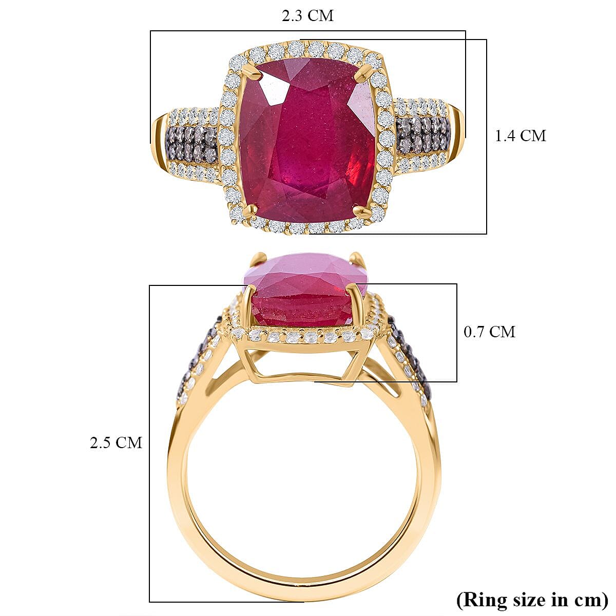 9K Yellow Gold AAA  African Ruby, Natural Zircon and Champagne Diamond Ring 6.71 Ct