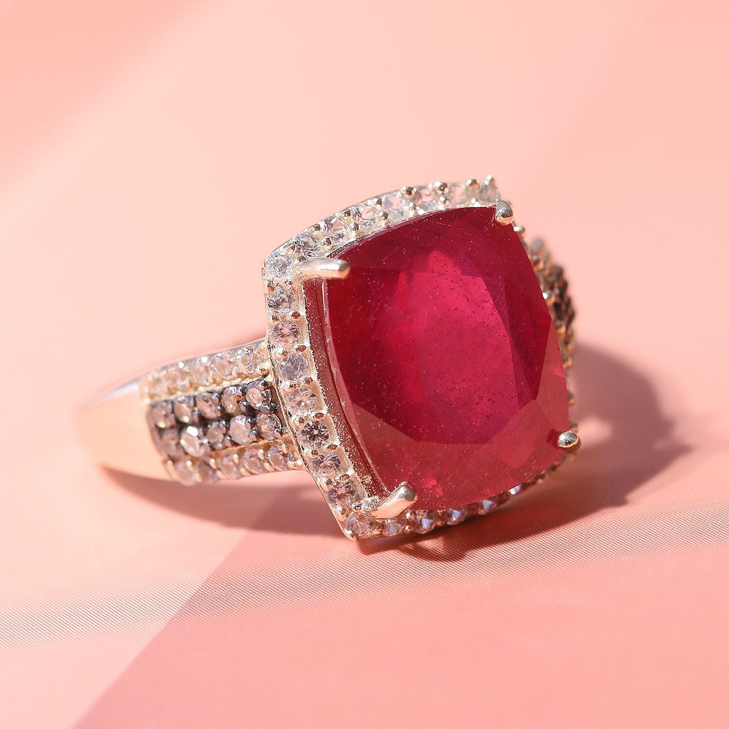 9K Yellow Gold AAA  African Ruby, Natural Zircon and Champagne Diamond Ring 6.71 Ct