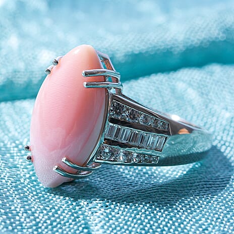 Queen Conch Shell and Natural Zircon Ring in Rhodium Overlay Sterling Silver 12.00 Ct