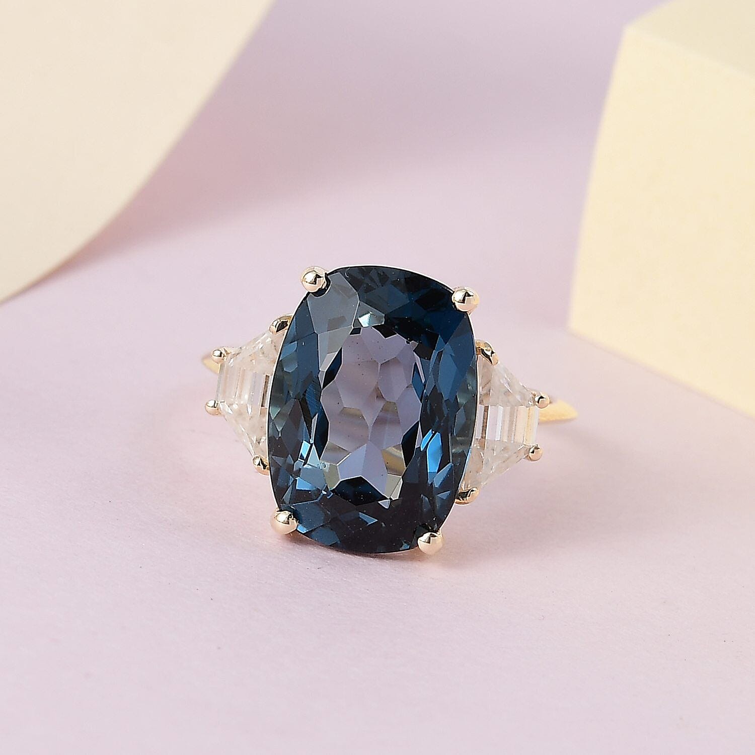 9K Yellow Gold London Blue Topaz and Moissanite Ring 8.44 Ct.