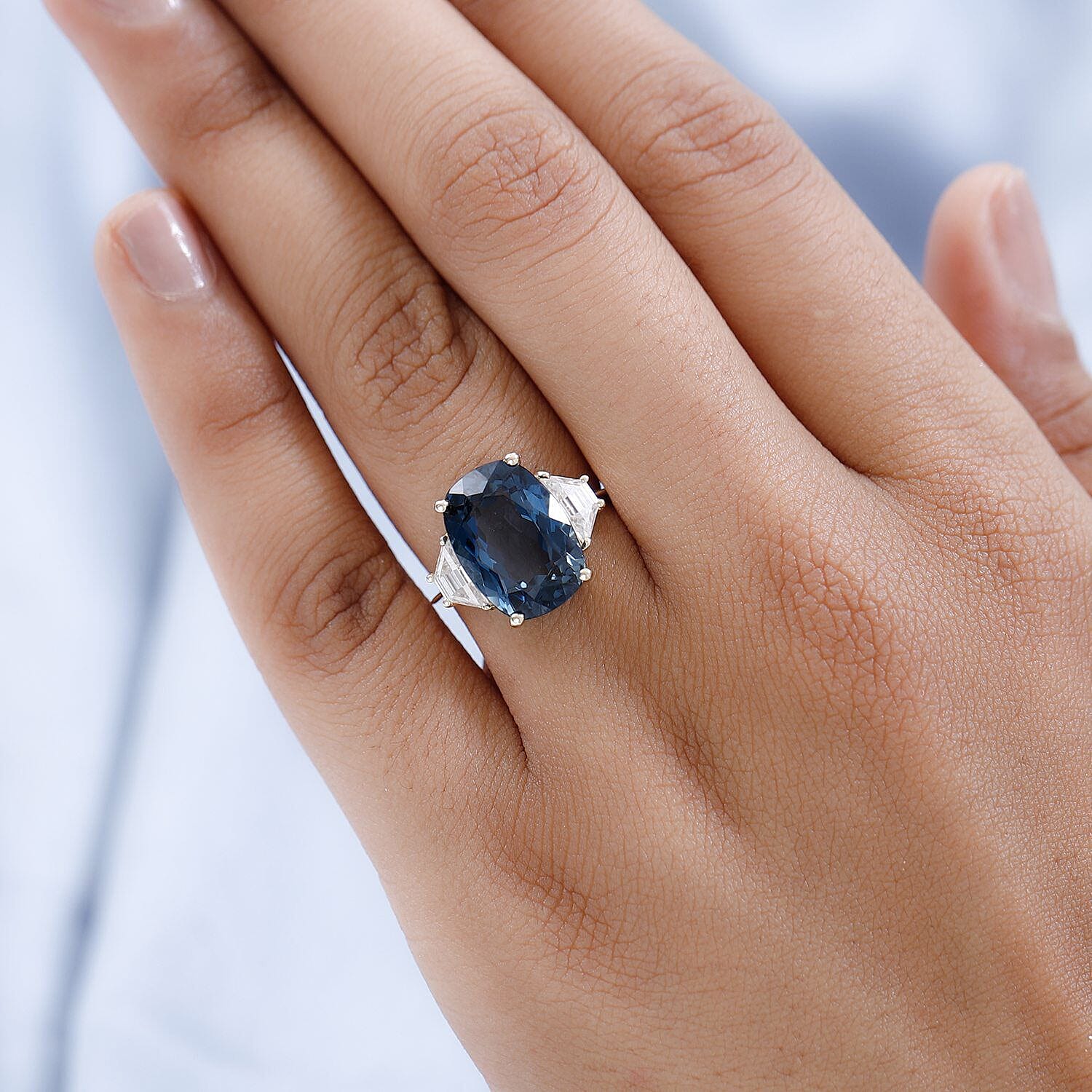 9K Yellow Gold London Blue Topaz and Moissanite Ring 8.44 Ct.