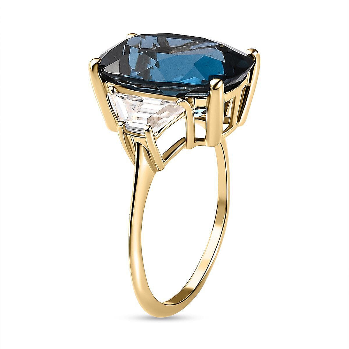 9K Yellow Gold London Blue Topaz and Moissanite Ring 8.44 Ct.