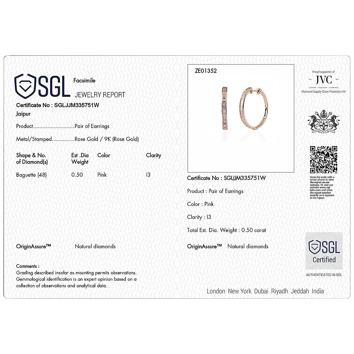 9K Rose Gold SGL Certified Pink Diamond Full Hoop Earrings 0.50 Ct