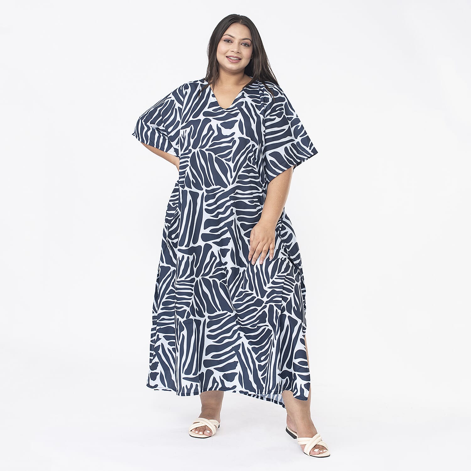 Tamsy Abstract Printed Dress (One Size) - Navy & Light Blue