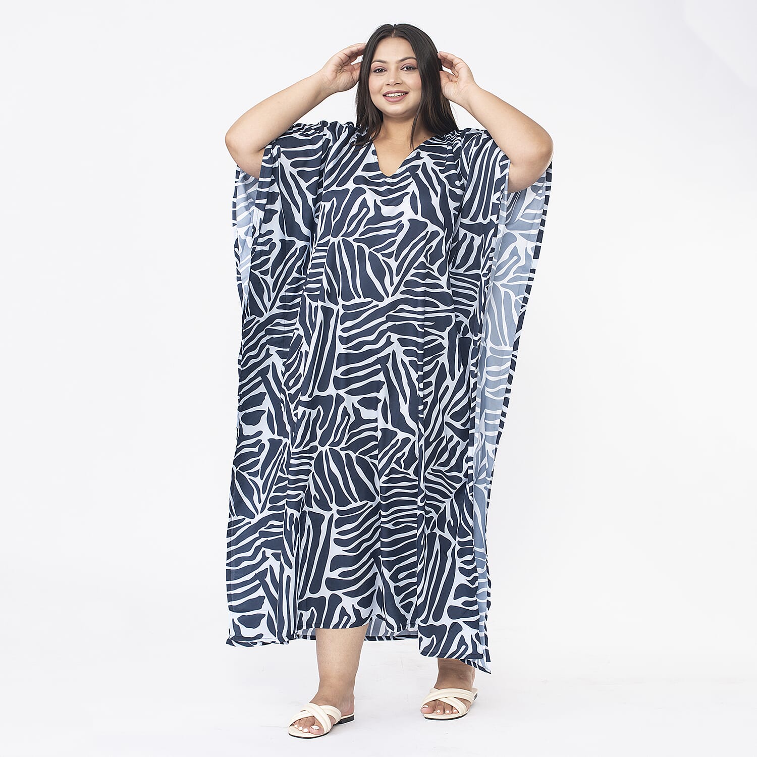 TAMSY Abstract Printed Dress (One Size) - Navy & Light Blue