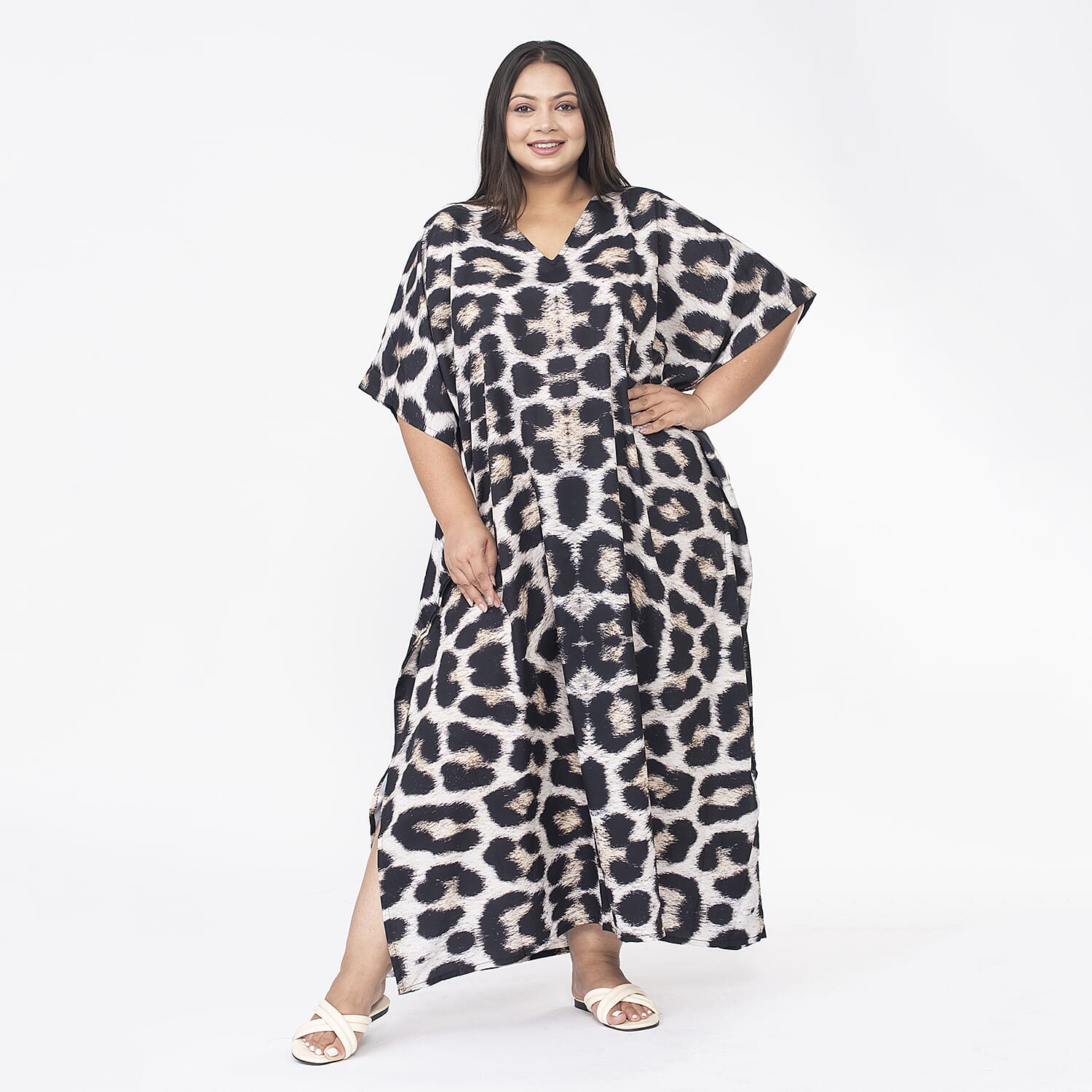 TAMSY Leopard Print Long Kaftan (One Size, 8-18) - Black