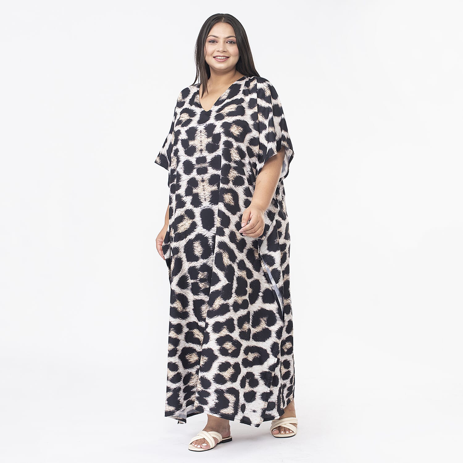 TAMSY Leopard Print Long Kaftan (One Size, 8-18) - Black