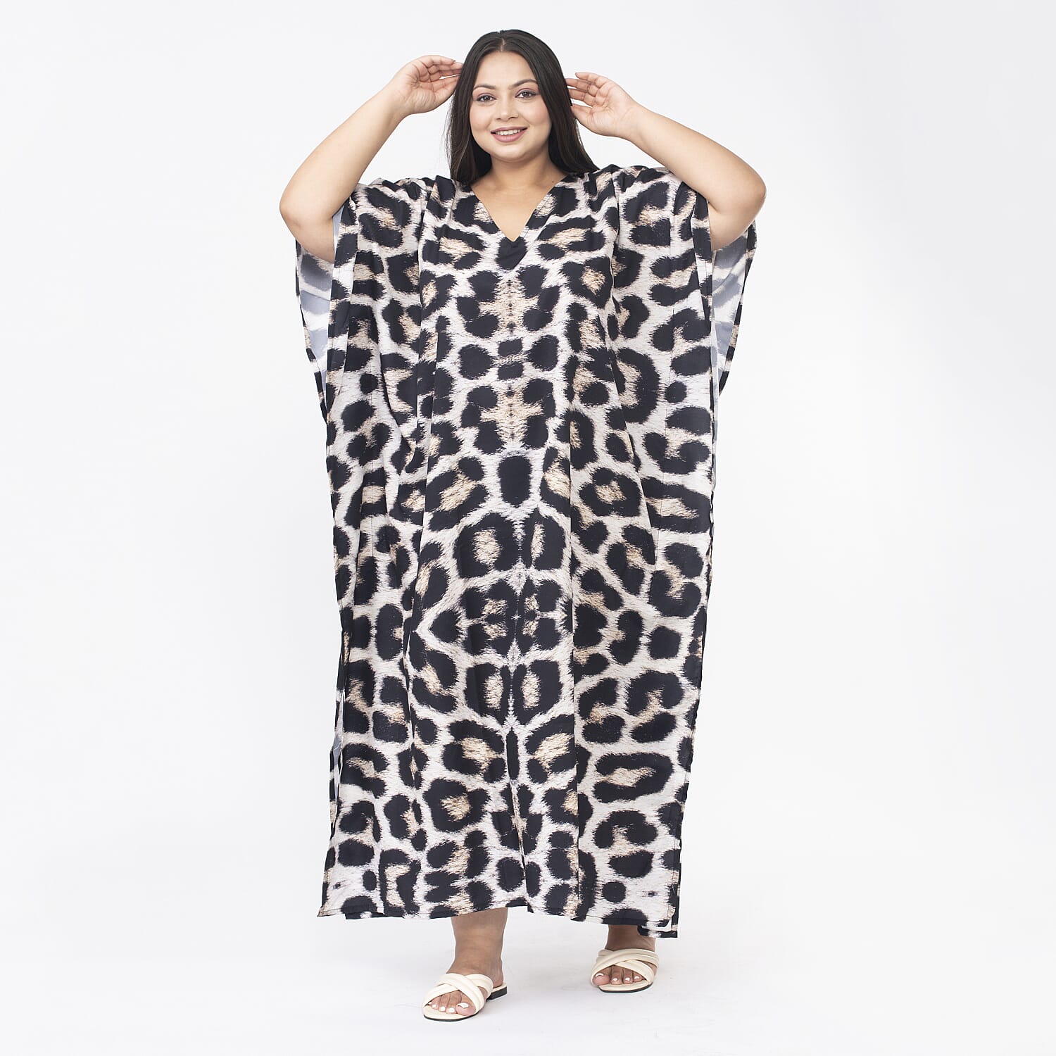 TAMSY Leopard Print Long Kaftan (One Size, 8-18) - Black