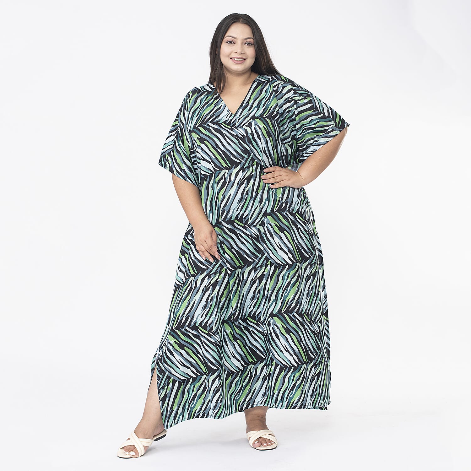 Tamsy Printed Maxi Kaftan Dress (One Size) - Green & Black