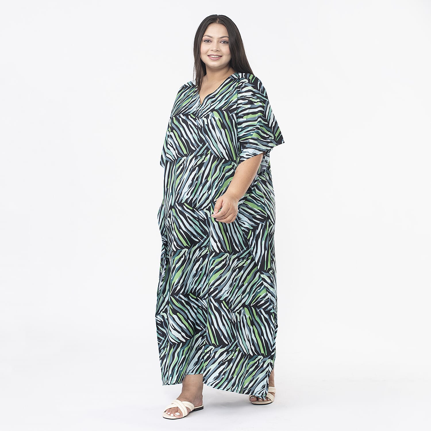 Tamsy Printed Maxi Kaftan Dress (One Size) - Green & Black