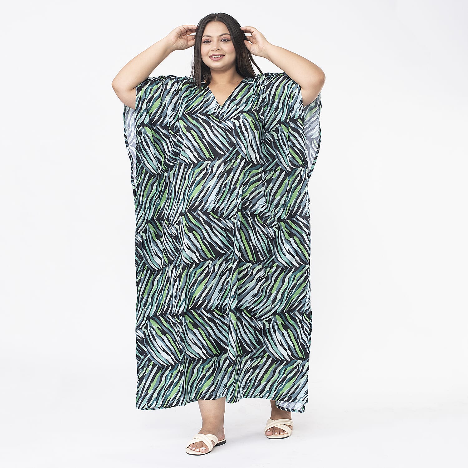 Tamsy Printed Maxi Kaftan Dress (One Size) - Green & Black