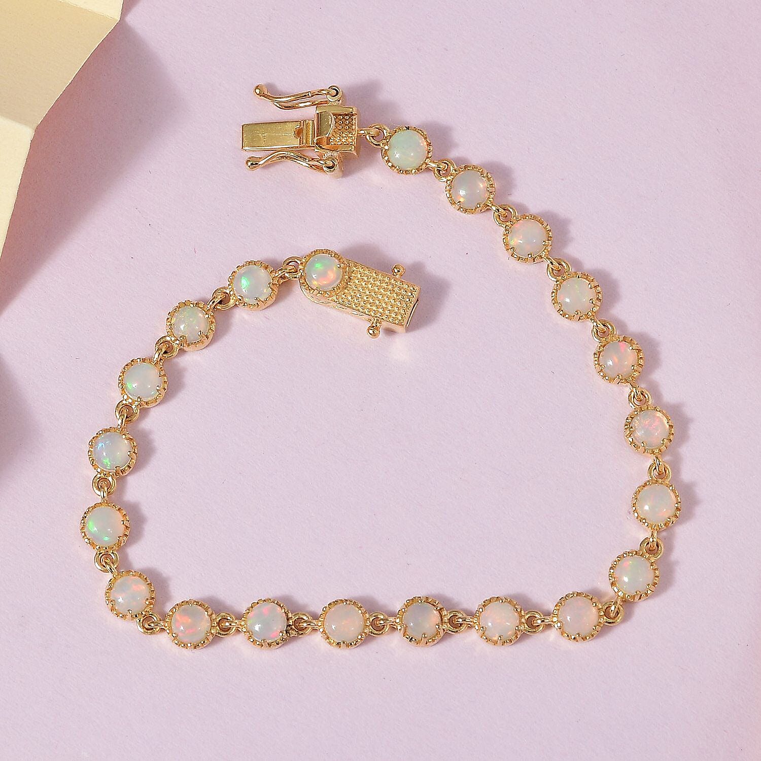 Ethiopian Welo Opal Bracelet (Size - 7) in 18K Yellow Gold Vermeil Plated Sterling Silver 3.90 Ct, Silver Wt. 7.55 Gms.