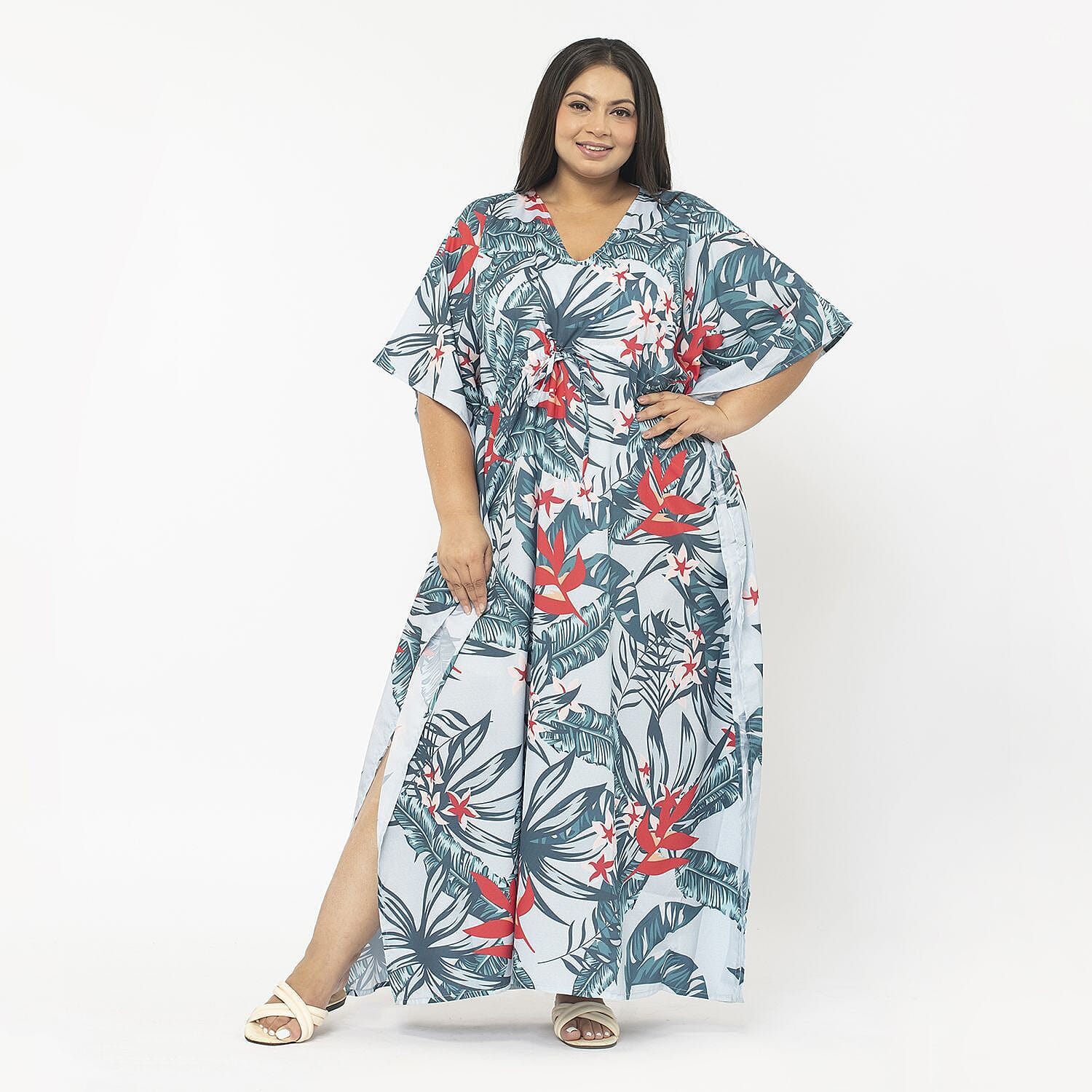 Exclusive Tropical Print Long Kaftan (One Size, 8-18) - Turquoise