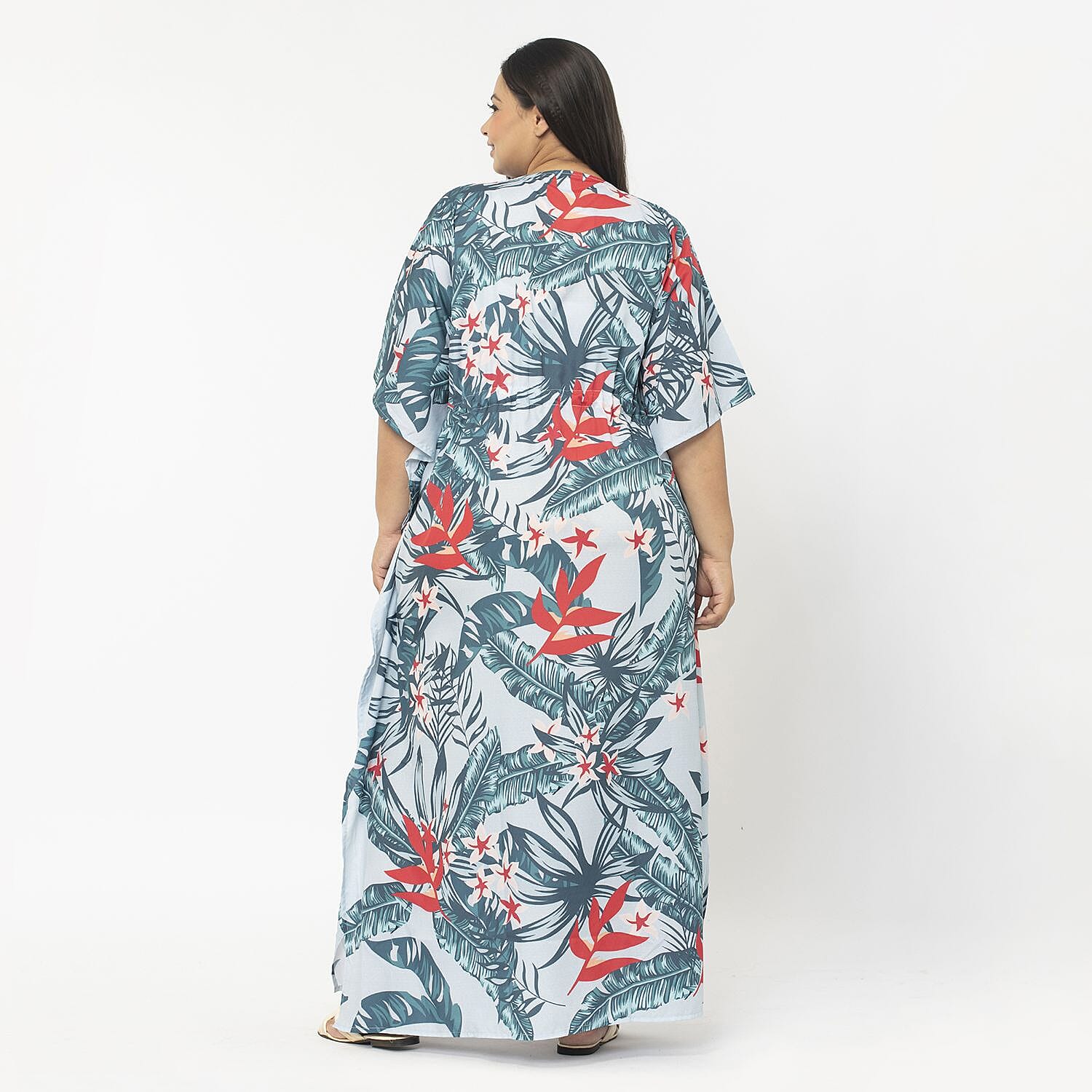 Exclusive Tropical Print Long Kaftan (One Size, 8-18) - Turquoise