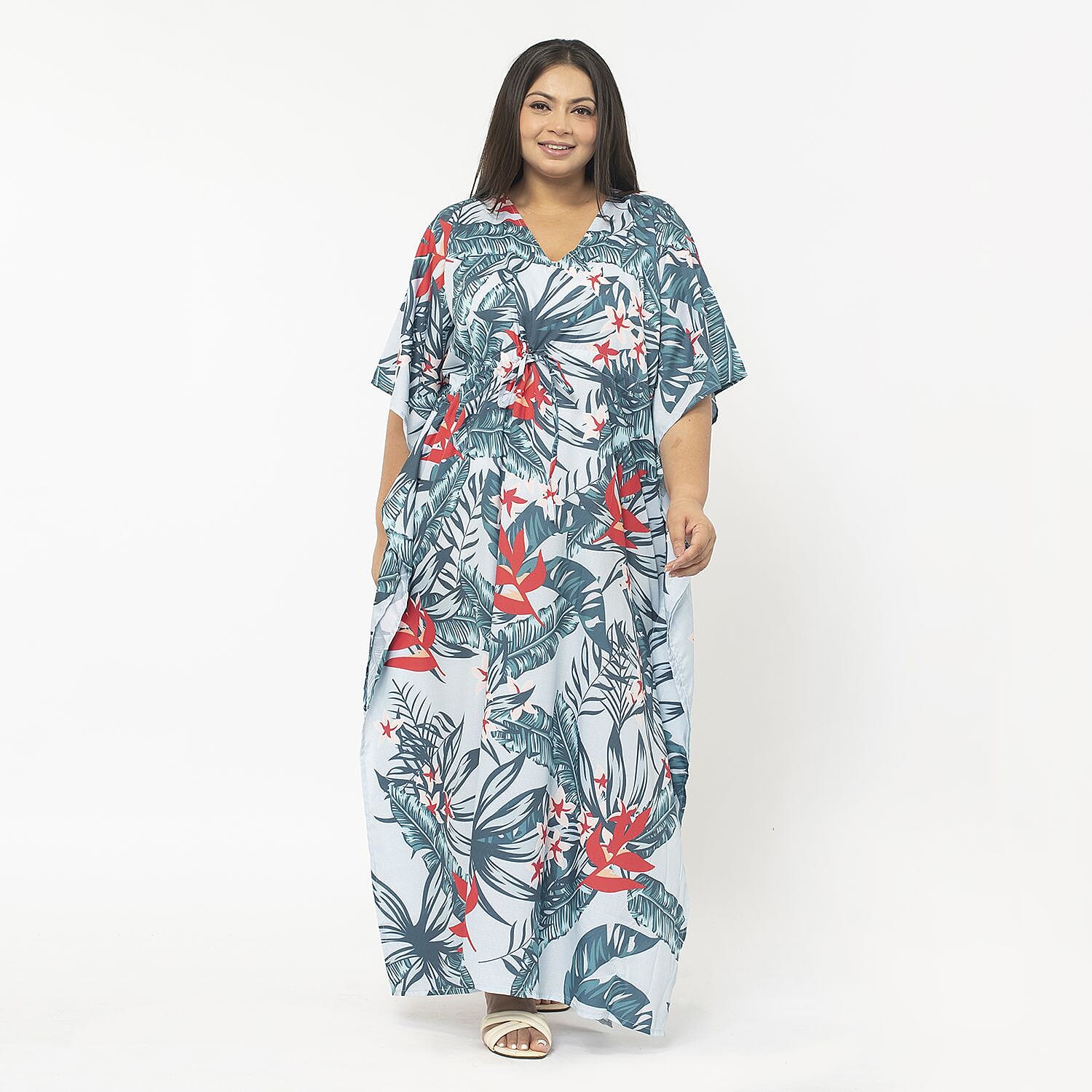 Exclusive Tropical Print Long Kaftan (One Size, 8-18) - Turquoise