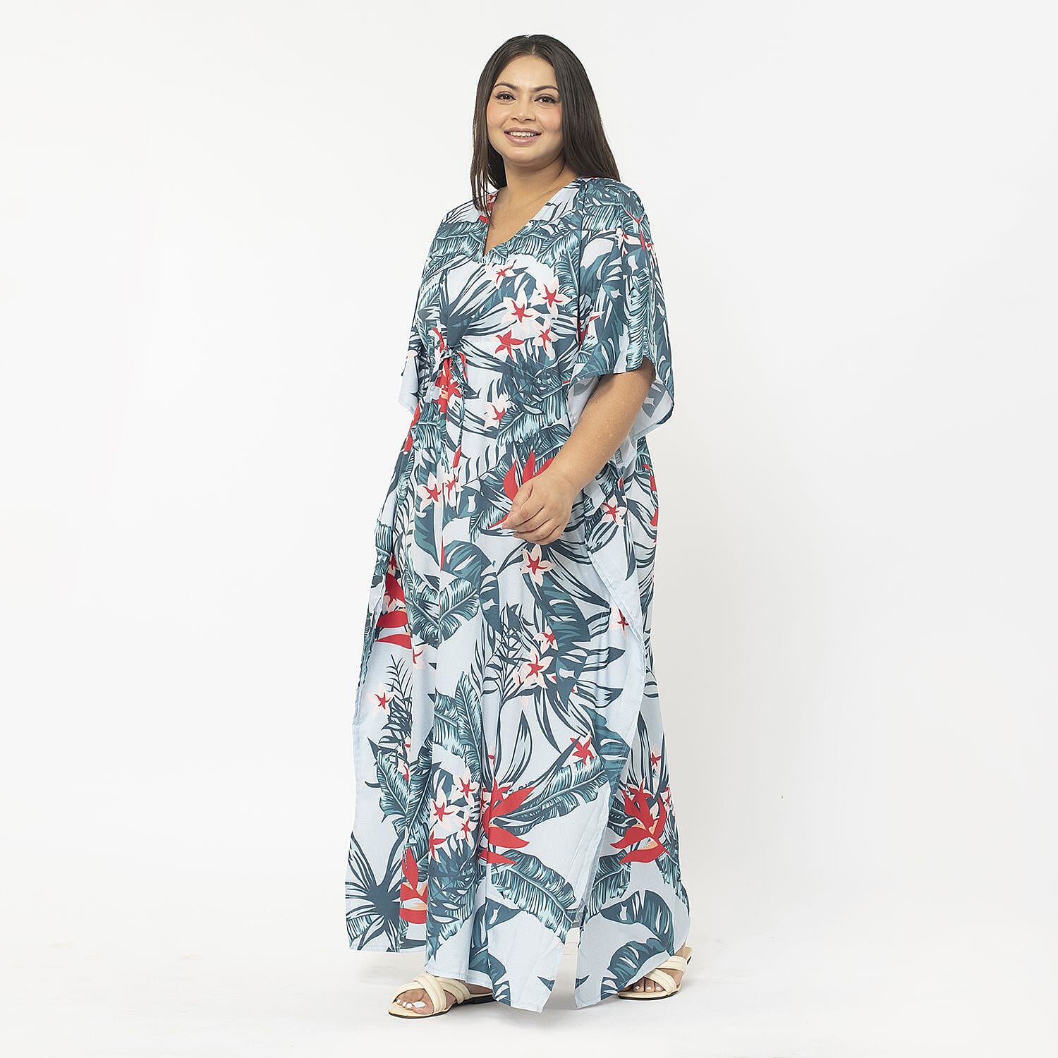 Exclusive Tropical Print Long Kaftan (One Size, 8-18) - Turquoise