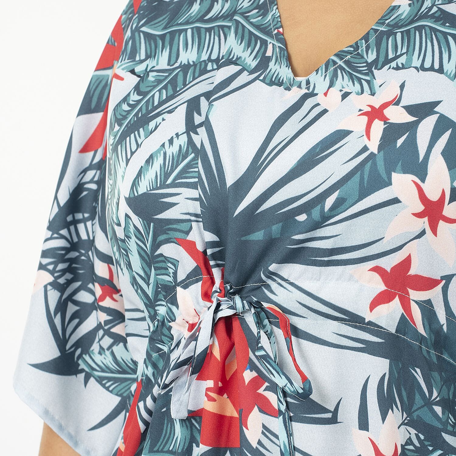 Tamsy Exclusive Tropical Print Long Kaftan (One Size, 8-18) - Turquoise