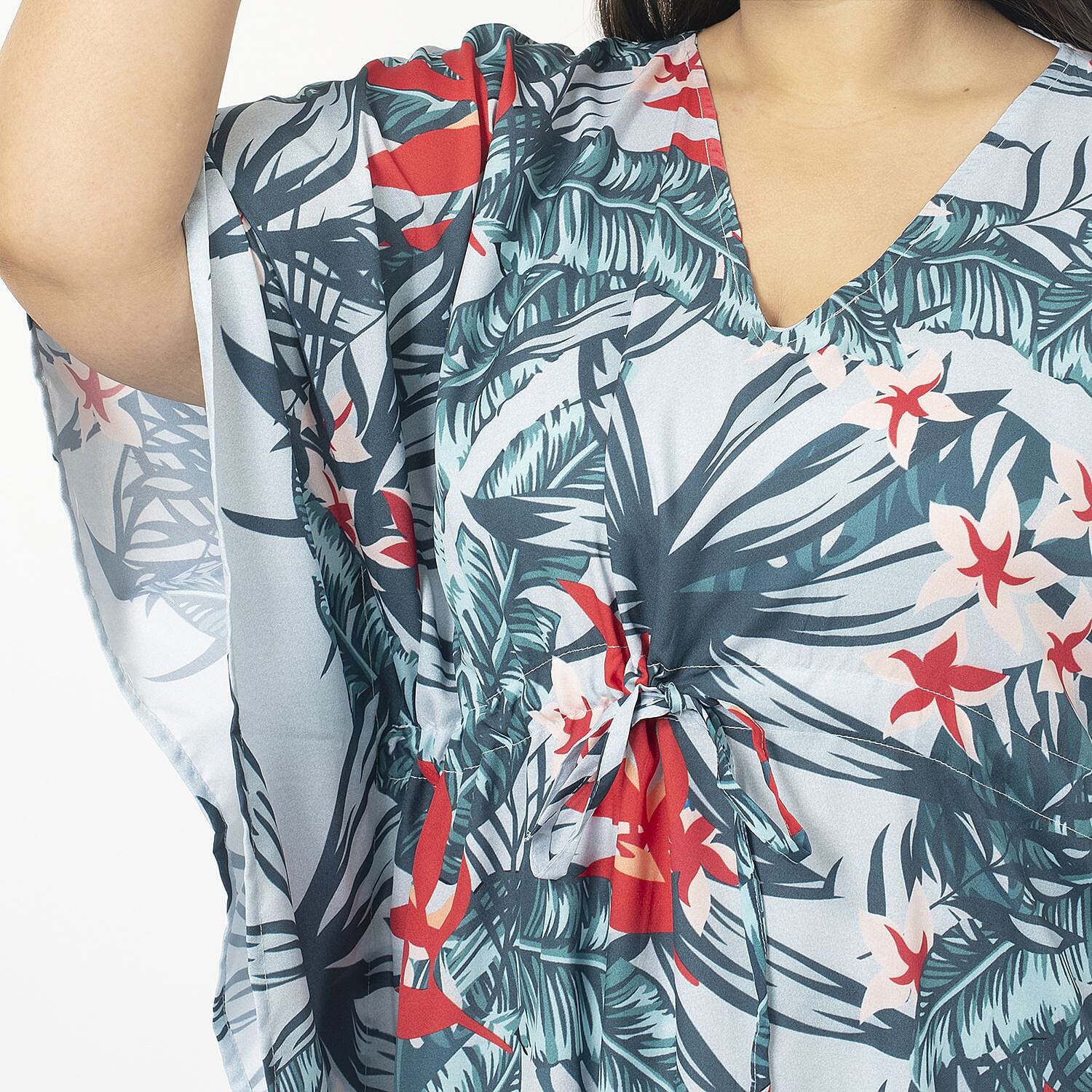 Tamsy Exclusive Tropical Print Long Kaftan (One Size, 8-18) - Turquoise