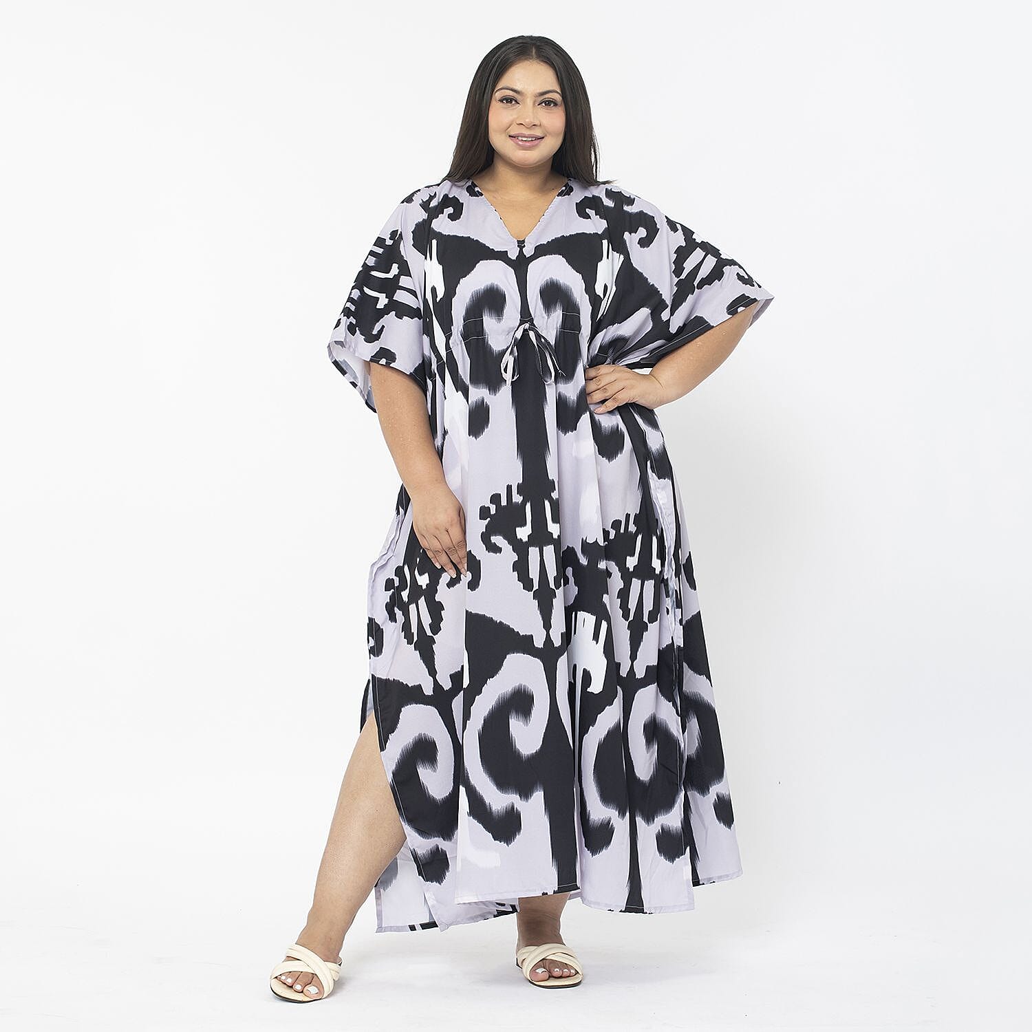 Tamsy Exclusive Tropical Print Long Kaftan (One Size, 8-18) - Turquoise