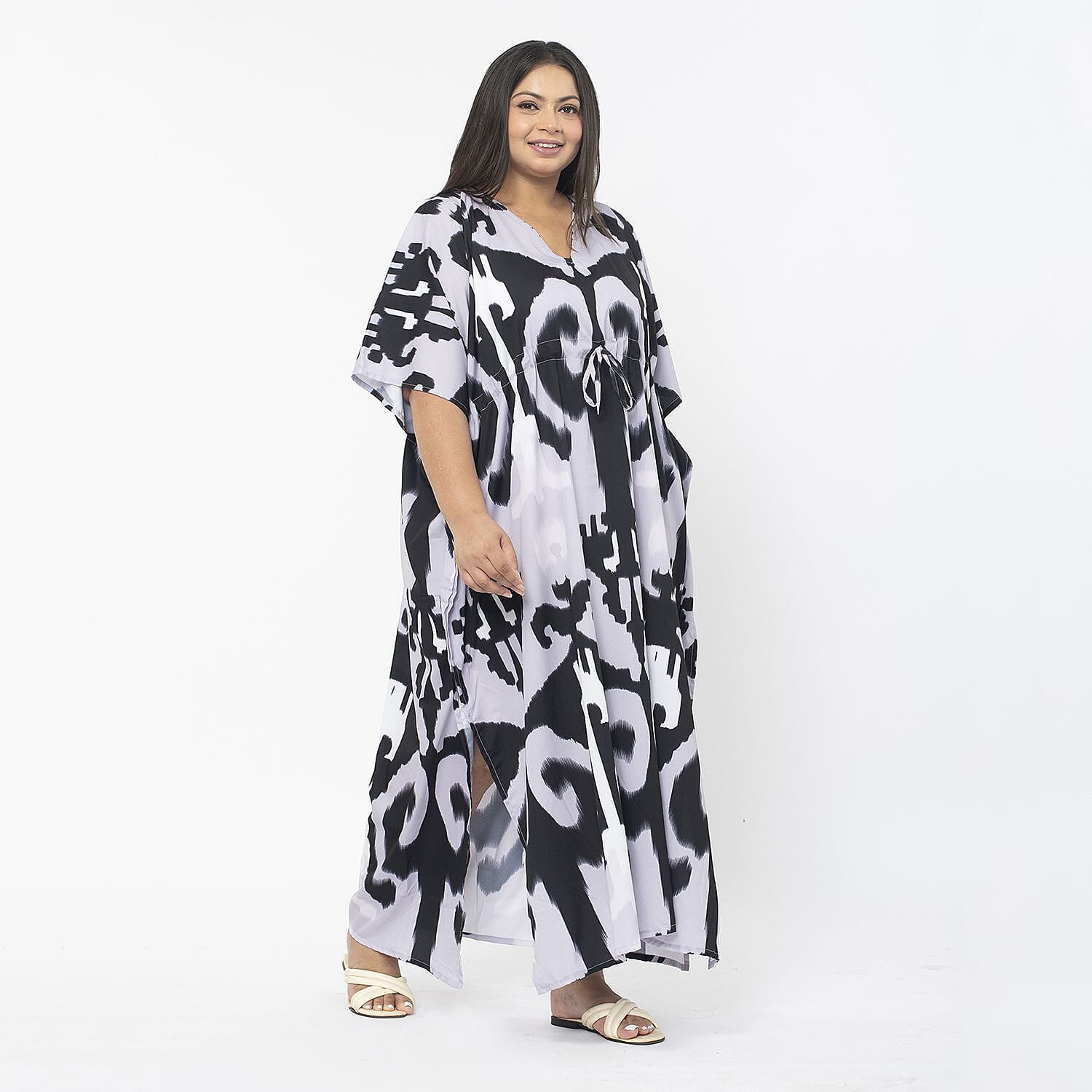 Tamsy Exclusive Tropical Print Long Kaftan (One Size, 8-18) - Turquoise