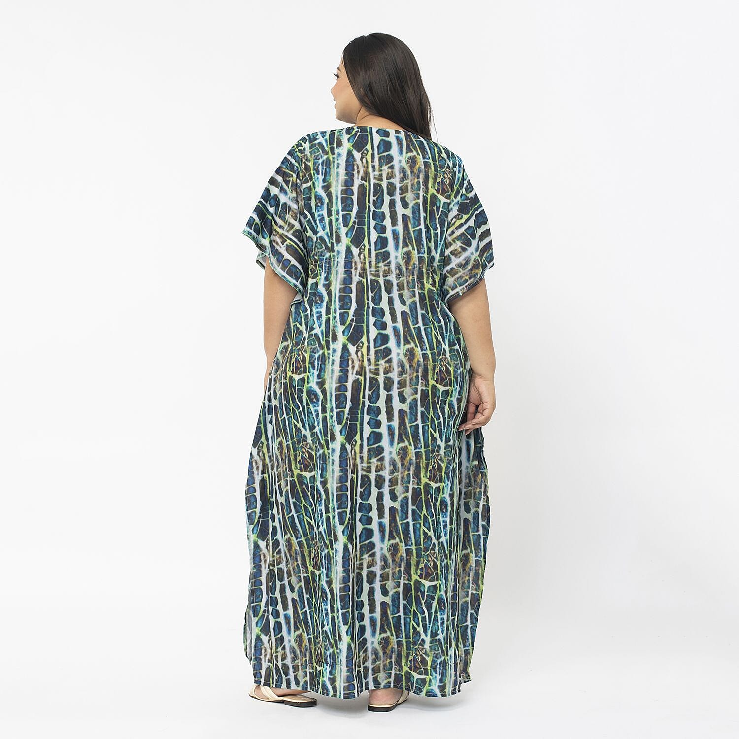 Tamsy Exclusive Tropical Print Long Kaftan (One Size, 8-18) - Turquoise