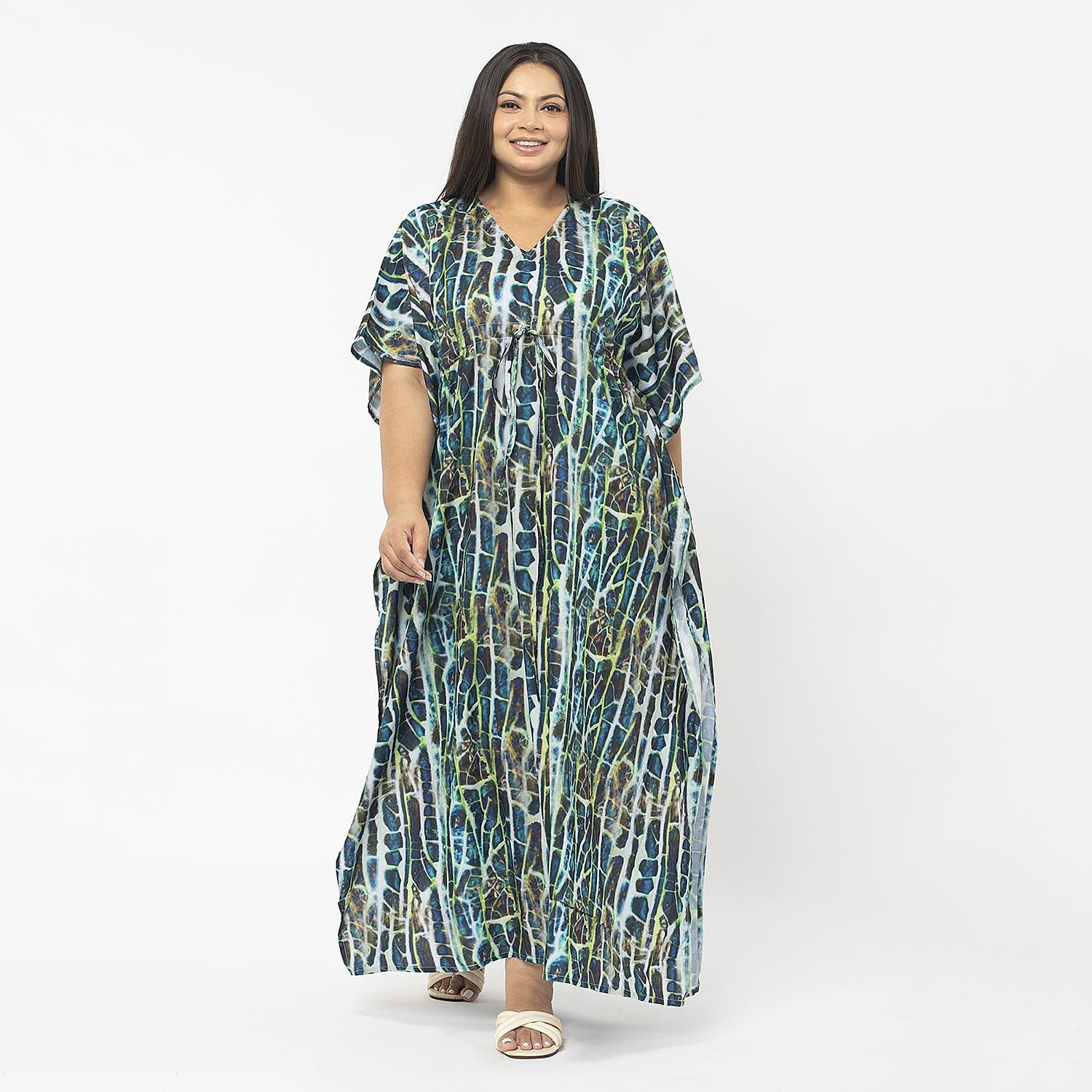 Tamsy Exclusive Tropical Print Long Kaftan (One Size, 8-18) - Turquoise
