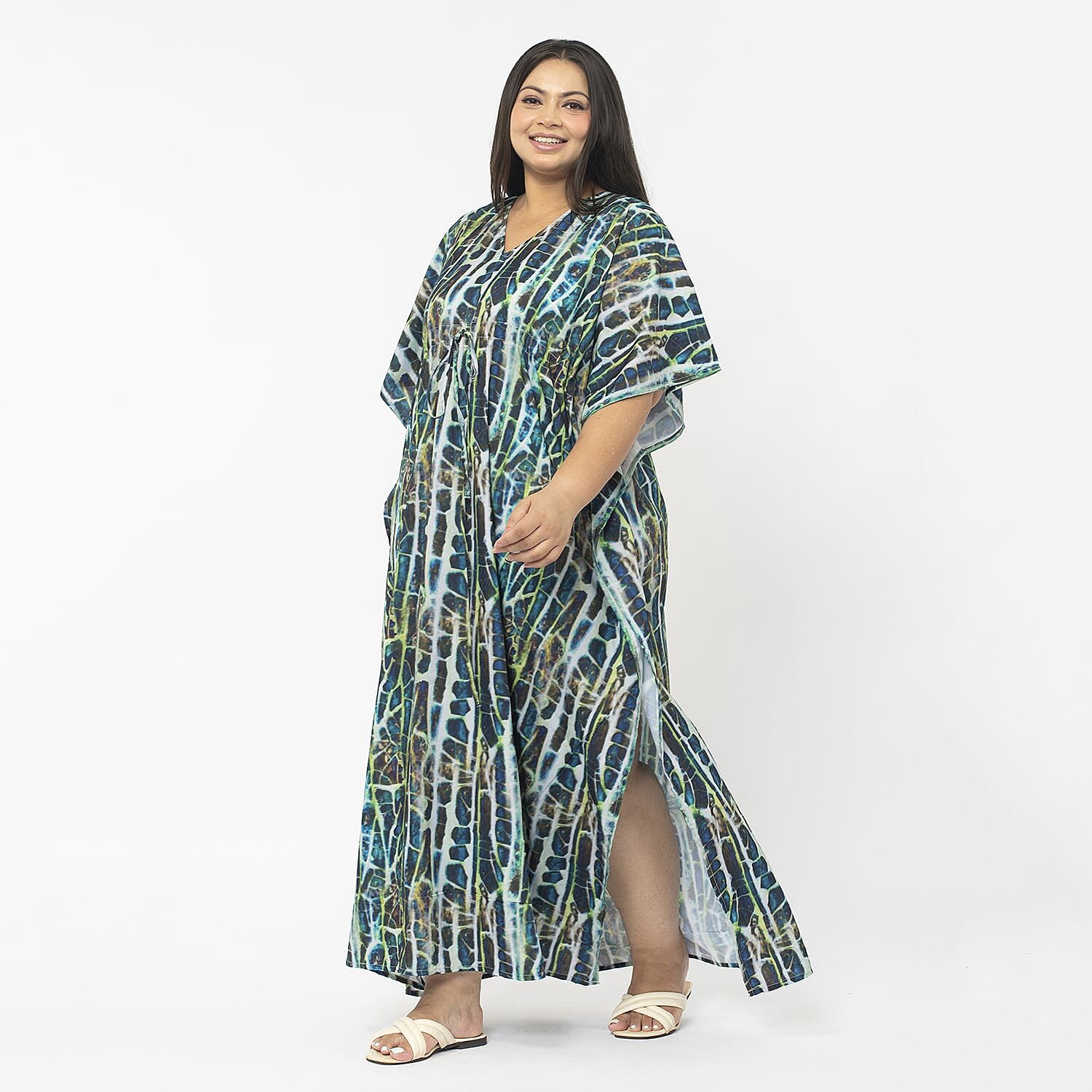 Tamsy Exclusive Tropical Print Long Kaftan (One Size, 8-18) - Turquoise