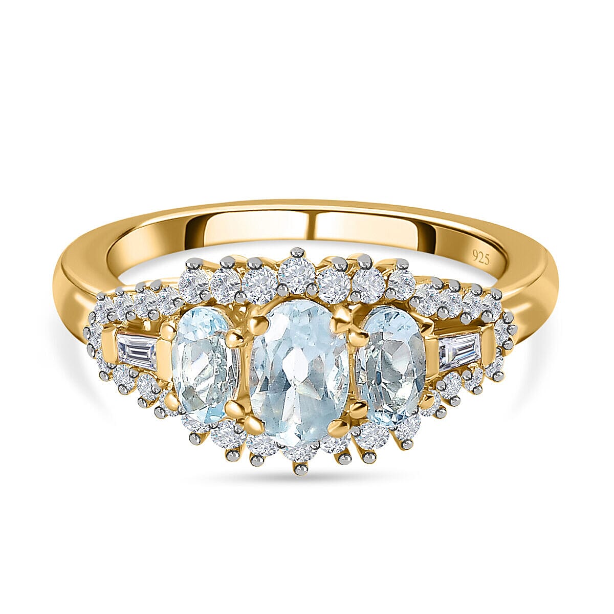Aquamarine & Natural Zircon Ring in 18K Yellow Gold Vermeil Plated Sterling Silver 1.36 Ct.