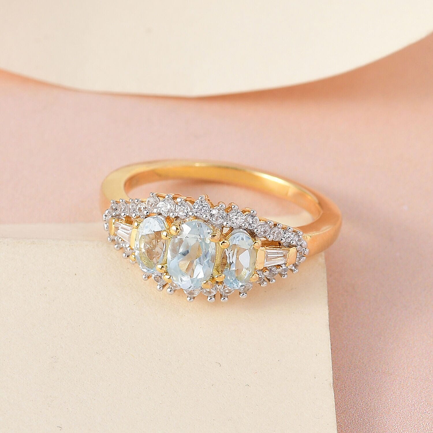Aquamarine & Natural Zircon Ring in 18K Yellow Gold Vermeil Plated Sterling Silver 1.36 Ct.