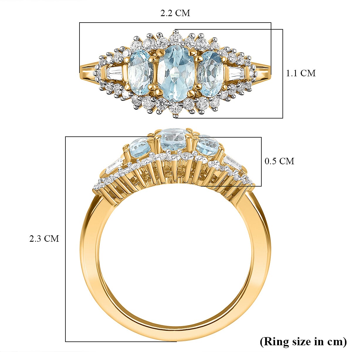 Aquamarine & Natural Zircon Ring in 18K Yellow Gold Vermeil Plated Sterling Silver 1.36 Ct.