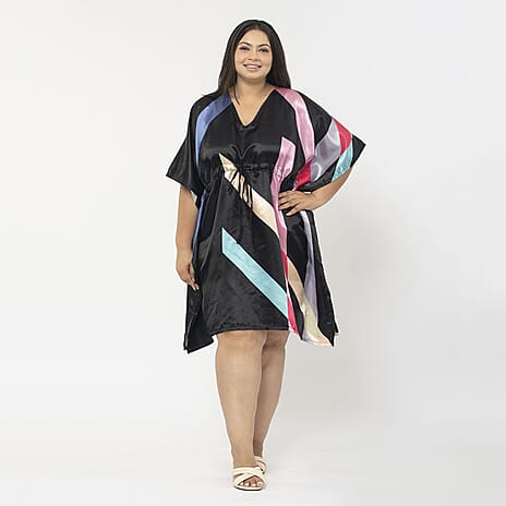 Tamsy Exclusive Liner Maze Print Short Kaftan (One Size Curve, 20-26) - Black and Multi