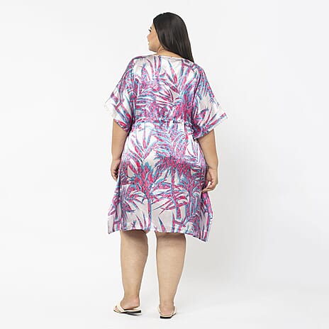 Tamsy Exclusive Palm Print Short Kaftan (One Size Curve, 20-26) - Light Pink